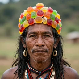 National Geographic photo portrait of a local tribesman, wearing a crown made of gummy candy, sigma 85mm, high quality, 4k