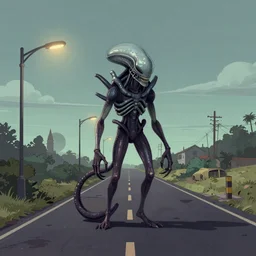 a study of cell shaded cartoon of a xenomorph on a country road, street lamps, road, illustration, wide shot, subtle colors, post grunge, concept art by josan gonzales and wlop, by james jean, Victo ngai, David Rubín, Mike Mignola, Laurie Greasley, highly detailed, sharp focus, alien, Trending on Artstation, HQ, deviantart, art by artgem