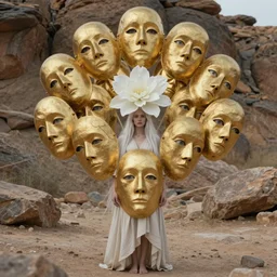 The full body shot of beautiful pale lady with a while flower and full-face golden mask in a rocky desert background, multiple eyes and eyes reflection by Lubezki, Gaspar Noe, Darren Aronofsky, Guillermo del Toro and Christopher Doyle, long hair, photography, wide shot, day, cinematic composition, practical effects, award winning photo, 8k