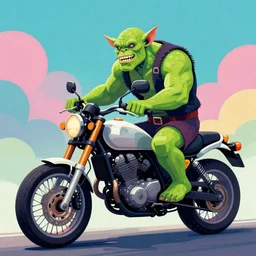 stylized psychedelic airbrush art of an orc on a motorcycle