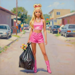 still from music video of barbie from die antwoord standing in a township street, wearing a trashbag garbage bag and flowers, street fashion, full figure portrait painting by martine johanna, ilya kuvshinov, rossdraws, pastel color palette, detailed impasto brushwork, impressionistic