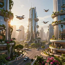Sunrise over solarpunk city, many trees and plants, colorful flowers, futuristic flying vehicles and drones, archdaily, architectural digest, busy streets filled with people, sun rays, vines, vertical gardens, utopia, beautiful glass and steel architecture, extreme detail, futuristic