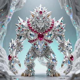 a majestic fantasy golem made of crystals, rubies and diamonds. d & d. shining surfaces. monstrous creature. in front of an iridescent cave background. white to cyan gradient. high details. 4 k