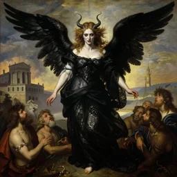 renaissance painting of an evil terrifying angel woman with a pretty face makeup, wearing black lace flowing linen with a roman town in the background, by frank frazetta!, charlie bowater, magali villeneuve, j. c. leyendecker, ultra realistic, 4 k, photo realistic, volumetric lighting,