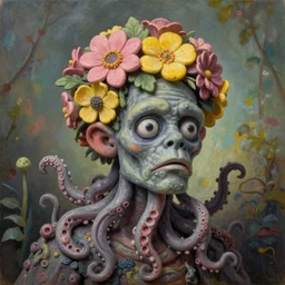 headshot of a trickster nature zombie, head made of fruit and flowers in the style of arcimboldo, made by matthew ritchie, covered with tentacles and amoebas, oil painting, ethereal, atmospheric lighting, action figure, clay sculpture, claymation, gray pink and yellow, botanical rainbow backdrop