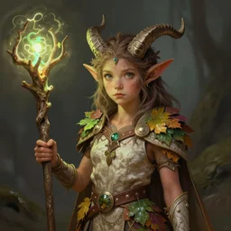 innocent cute Tiefling Druid with long horns, colorful leaves on light leather armor, glowing tree staff, light-brown skin, highly detailed, digital painting, artstation, concept art, sharp focus, illustration, art by artgerm and greg rutkowski and alphonse mucha