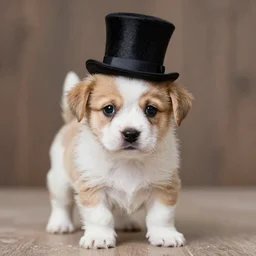 a tiny puppy with a tiny top hat looking adorable