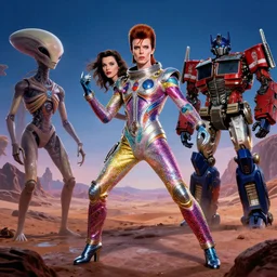 milla jovovich and david bowie wearing a rocknroll glitzy glamour spacesuit, psychedelic, surreal, beautiful, heroic action pose, a friendly android, stunning alien landscape, cinematic, dramatic studio lighting, wide shot, in the style of kubrick, ridley scott, jodorowsky, dune, star wars, transformers, illustration, octane render 8 k