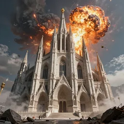 gigantic space cathedral collapsing from an explosion, digital art, realistic, detailed, artstation