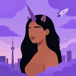 illustration of a black - haired woman with a unicorn horn and tan skin with purple clouds and spaceships on the horizon in toronto 8 k
