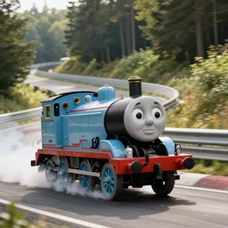 Thomas the Tank Engine but with sports car tyres, drifting around a corner, smoke trailing out the back, at the Nurburgring Nordschleife setting a hot lap, not train tracks