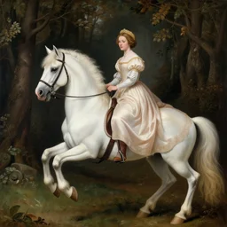 adventurous princess riding a white unicorn, in a forest clearing, ultra realistic, photorealistic, portrait, renaissance painting
