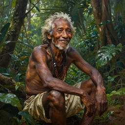 a beautiful painting of an indigenous grandfather smiling and sitting in the jungle, matte painting, art by christophe vacher