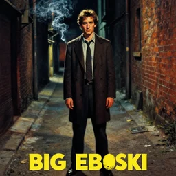 impressionism, poster artwork, the dude from the big lebowski standing an alleyway, smoke, harsh lighting, night, film noir
