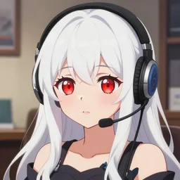anime visual of a cute girl, with + ( ( red eyes ) ) + long white hair + ( ( wearing a headset in her room interior ) ), poster by ilya kuvshinov, trending on artstation, detailed face features