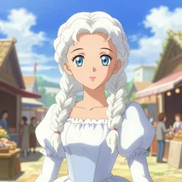 character portrait of the white princess in the marketplace in the sky, color page, 4K, tone mapping, doll, Akihiko Yoshida, James_Jean_Andrei_Riabovitchev_Marc_Simonetti, Yoshitaka Amano, digital illustration, braided hair, ringlet, curls