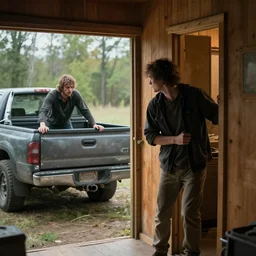 photo of a person locked in a cabin with a madman outside, trying to get in with a metal pickup truck outside.