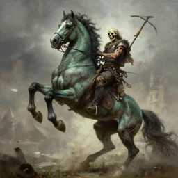 the singular horseman of the apocalypse is riding a strong fierce ferocious rabid undead green stallion, horse is up on its hind legs, the strong male rider is death with a scithe, beautiful artwork by artgerm and rutkowski, breathtaking, beautifully lit, dramatic