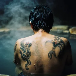 photography the back full of tattoos of a yakuza in an onsen at night in the style of daido moriyama, smoke, 3 5 mm lens, grainy wb image, close up view