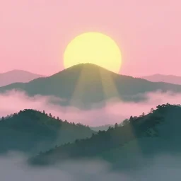 Distant lush mountains with pink anime sky clouds backlit by yellow sun, godrays, high contrast, vibrant colors, vivid colors, high saturation, fantasy, artwork, aesthetic, calming, very beautiful scenery, hd, hdr, ue5, ue6, unreal engine 5, cinematic, 4k wallpaper, 8k ultra, by Greg Rutkowski and Jesper Ejsing and Raymond Swanland and alena aenami, featured on artstation, wide angle