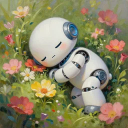 beautiful painting of a cute robot sleeping in flowers. sci fi concept art by caravaggio