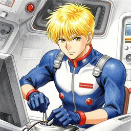 spaceship mechanic at work, blonde, bodysuit, finely illustrated face, highly detailed, colored pencil, tankobon, in the style of ilya kuvshinov
