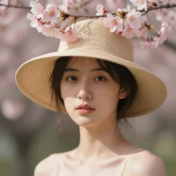 a candid portrait of a a female wearing a hat with sakura on top, summer bloom, au naturel, hyper detailed, digital art, trending in artstation, cinematic lighting, studio quality, smooth render, unreal engine 5 rendered, octane rendered, art style by klimt and nixeu and ian sprigger and j. c. leyendecker and wlop and krenz cush