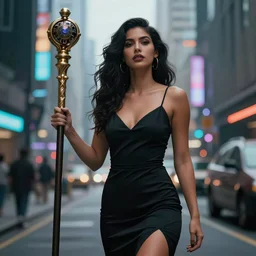 alone gorgeous latin woman, holding a staff, cyberpunk city street, illustration, cinematic color grading, hyperrealism, elegant, vfx, octane render, 8 k, by wlop