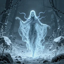 screenshot of a chained ethereal ghostly wraith like figure with a squid like parasite latched onto its transparent skull and long tentacle arms that flow lazily but gracefully at its sides like a cloak while it floats around a frozen rocky tundra in the snow searching for lost souls and that hides amongst the frozen underbrush, this character has hydrokinesis and electrokinesis for the resident evil village video game franchise with inspiration from the franchise Bloodborne