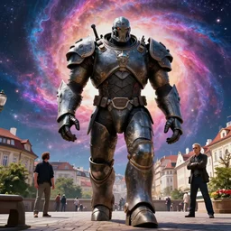 movie still frame, giant armored titan walking in prague, a psychedelic nebula in the background, beautiful composition, 8 k, cgi, by ridley scott, zack snyder and michael bay