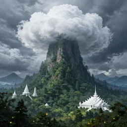 highly detailed illustration of giant a giant forest with fireflies and sci - fi white temples while rains at night and lots of high exposure cummulonimbus clouds by makoto shinkai, by moebius, by oliver vernon, by joseph moncada, by damon soule, by manabu ikeda, by kyle hotz, by dan mumford, by otomo, 4 k resolution