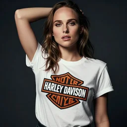 a beautiful natalie portman wearing a t - shirt with harley davidson logo, seductive pose, ultrarealistic, dramatic lighting, cinematic, artstation, high detail, by hajime sorayama, peter mohrbacher, boris vallejo, aaron horkey