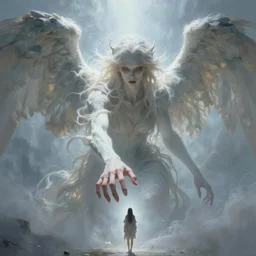 an immense beautiful terrifying pale winged humanoid giant reaches out a hand towards a tiny human. ethereal horror fantasy art by greg rutkowski and magali villanueve
