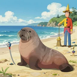on a walrus beach where's waldo anime, in the style of mark ryden and marcel duchamp and dorothea tanning, digital art, 8 k