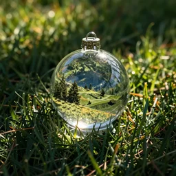 a glass ornament on a grass field