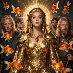 hyper realistic photography portrait of medieval goldfish space paladin amazon cinematic, brom, moebius, peter mohrbacher, juan gimenez, james gurney, greg rutkowski comic cover artstation