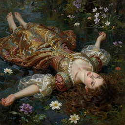 artistic painting, medieval princess, ophelia, wearing ornate robes, beautiful eyes and lips, floating supine in a forest pond, flowers, art by artgerm and wlop and brom, highly detailed, 8 k, cinematic, digital painting, sharp focus, illustration, masterpiece