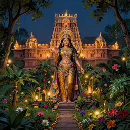 hyperrealism, night background, goddess, landscape, forts of indian temples surrounded by green jungles decorated in natural lights and colorful flowers, sense of depth, 4 k, photorealistic, incredible india, new - age mystical symbolism, intricately detailed, trending on artstation, digital painting