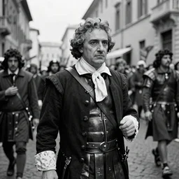 A hyper-realistic black and white photograph taken with a 50mm 1.4 lens of Wolfgang Goethe in the streets of Rome during Roman Carnival 1789