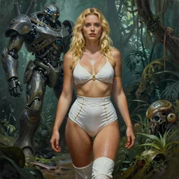 A mixed media portrait painting of a beautiful blonde woman exploring an alien jungle planet, very curvy, aesthetic! high-waisted white-bikini-armor and boots, aesthetic symmetrical face and eyes, model, Scandinavian, wet, discarded mechsuit in background, by  Frank Frazetta, Boris Vallejo, Beeple, Greg Rutkowski, Alphonse Mucha, Christian MacNevin,  epic fantasy character art, high fantasy, CGsociety, exquisite detail, post-processing, masterpiece, cinematic