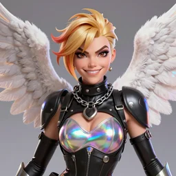 portrait bust digital artwork of tracer overwatch, wearing black iridescent rainbow latex and leather outfit, 4 k, expressive happy smug expression, makeup, in style of mark arian, angel wings, wearing detailed black leather collar, chains, black leather harness, detailed face and eyes,