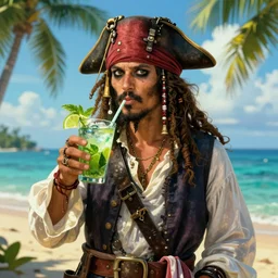 a ghost pirate drinking a mojito on a tropical island, digital art, sharp focus, concept art