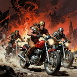 motorbikers race in hell, by simon bisley, john blance, frank frazetta, fantasy, barbarian