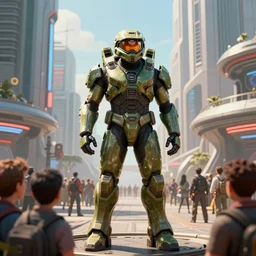 7 0 mm film still from halo, epic majestic utopian halo master chief statue surrounded by a crowd of people in a retrofuture city street by ralph horsley, rossdraws, matte painting, stylized background, cinematic lighting, maya, pixar, unreal engine, artstation