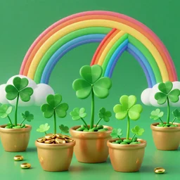 Irish style cartoon background, 3d rendering, ray tracing, small details, plants, clover, pots of gold, rainbow, ambient light, photo realism