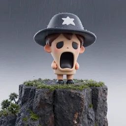 the scream with a hat and raining on top of a cliff 3 d render, 2 d realistic, 2 5 mm