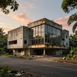 a street view of a finely detailed arts center of simple brutalist architecture, abandoned, empty streetscapes, surrounded by lush green jungle, ground-level view, natural volumetric lighting, sunset, rusted steel, solid concrete, glass, stunning skies, scattered rubbish and debris, 8k, photorealistic, hyper detailed, unreal engine 5, IMAX quality, cinematic quality, beautifully illustrated, sharp focus, minimal artifacts, from DOOM, by Greg Rutkowski and Le Corbusier, trending on Artstation