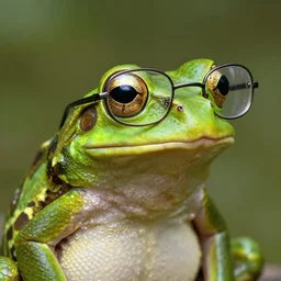 A frog with the head of a python wearing glasses, photorealistic