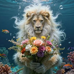 portrait of a beautiful mysterious albino male furry anthro lion holding a bouquet of flowing flowers, mane flowing upwards, small bubbles surrounding him, hands hidden under the bouquet, submerged underwater filled with colorful small fish and coral reef, fantasy, regal, intricate, by stanley artgerm lau, greg rutkowski, thomas kindkade, alphonse mucha, loish, norman rockwell