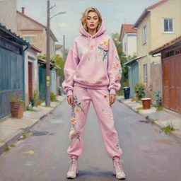 gigi hadid wearing a hoodie standing in a township street in the style of martine johanna, street clothing, haute couture! fashion!, full figure painting by andrei riabovitchev, tara mcpherson, david choe, decorative flowers, detailed painterly impasto brushwork, pastel color palette, die antwoord
